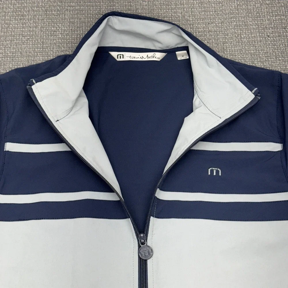 TravisMathew Mens Full Zip Track Jacket Navy Grey Striped Performance Size M‎